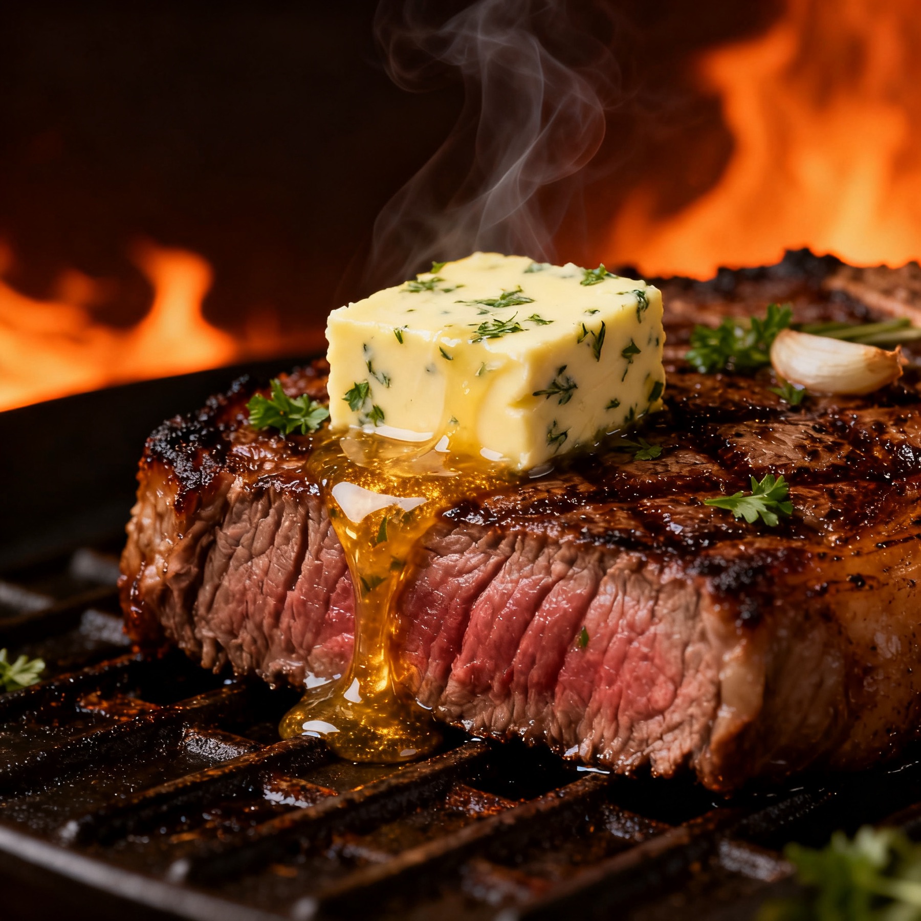 Herb butter melting on seared steak
