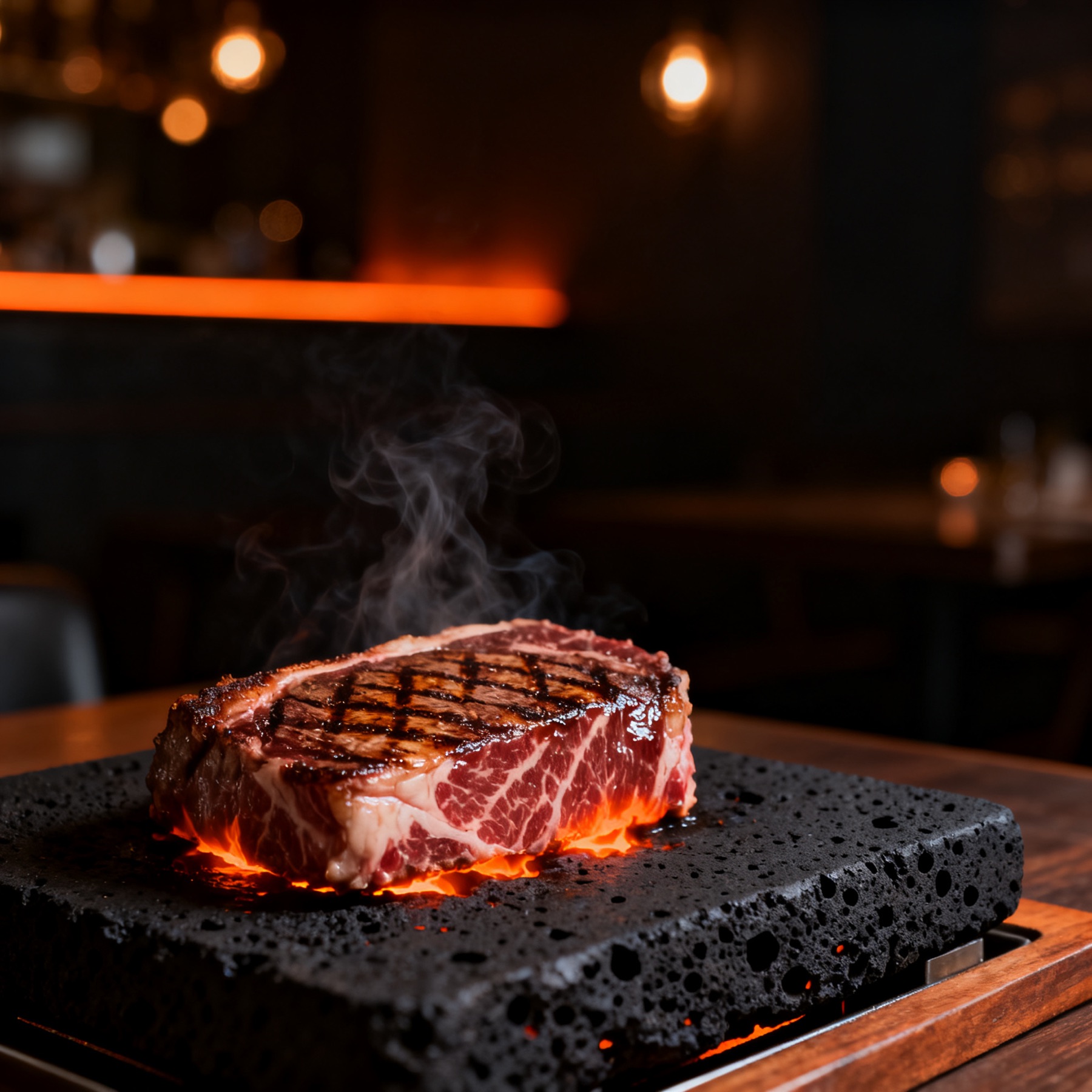 Premium Wagyu ribeye searing on 350 degree volcanic lava stone