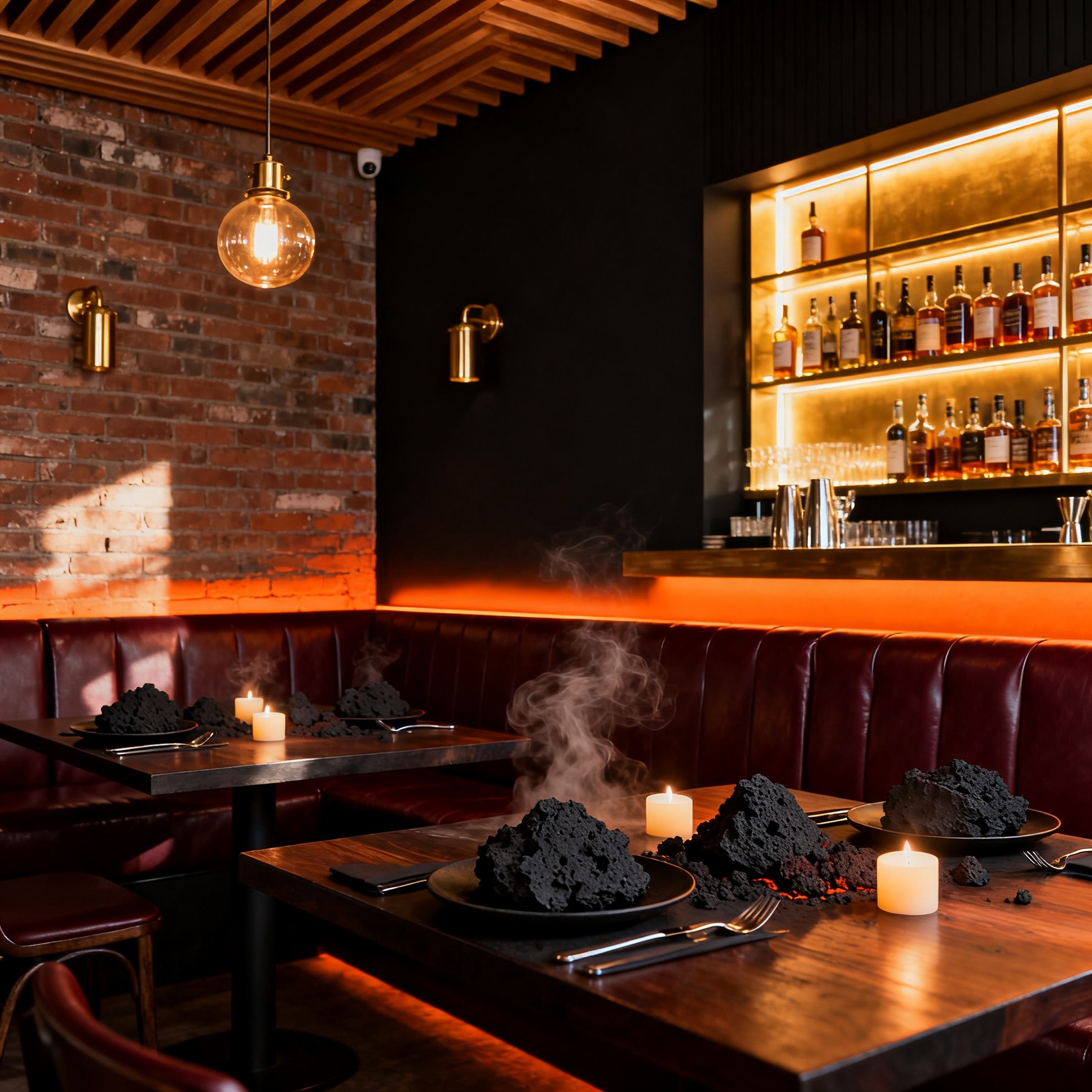 Stoned Steaks interior, warm booth seating