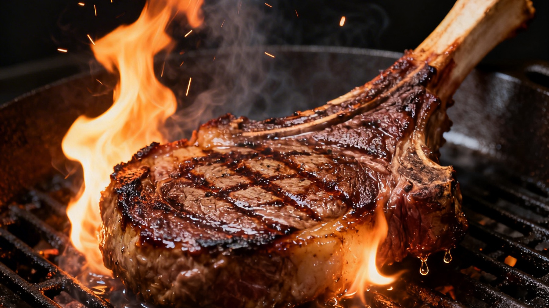 Flame-seared tomahawk on grill
