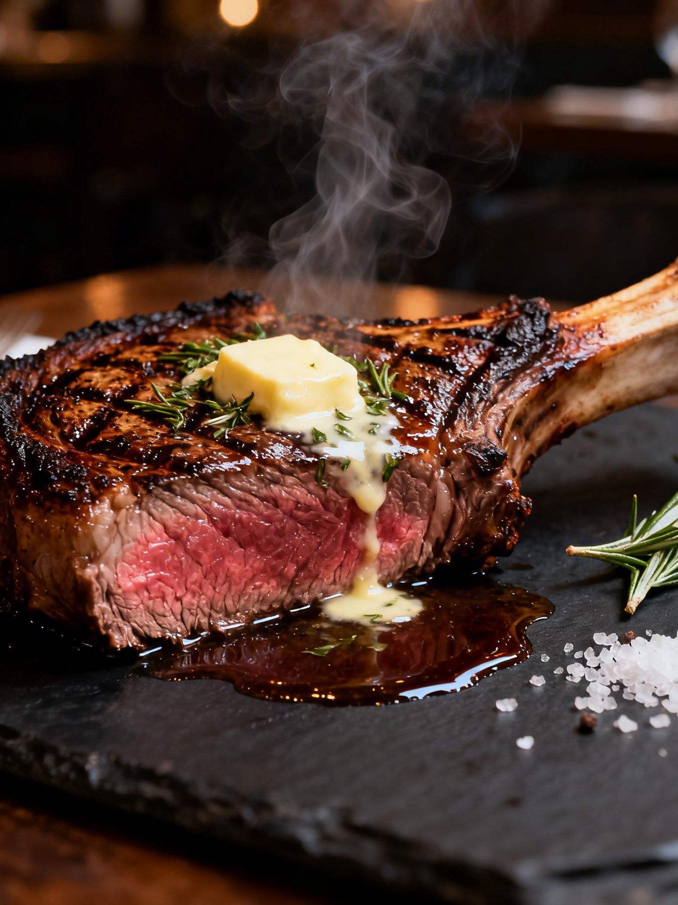Cooked tomahawk with butter steam rising on dark slate