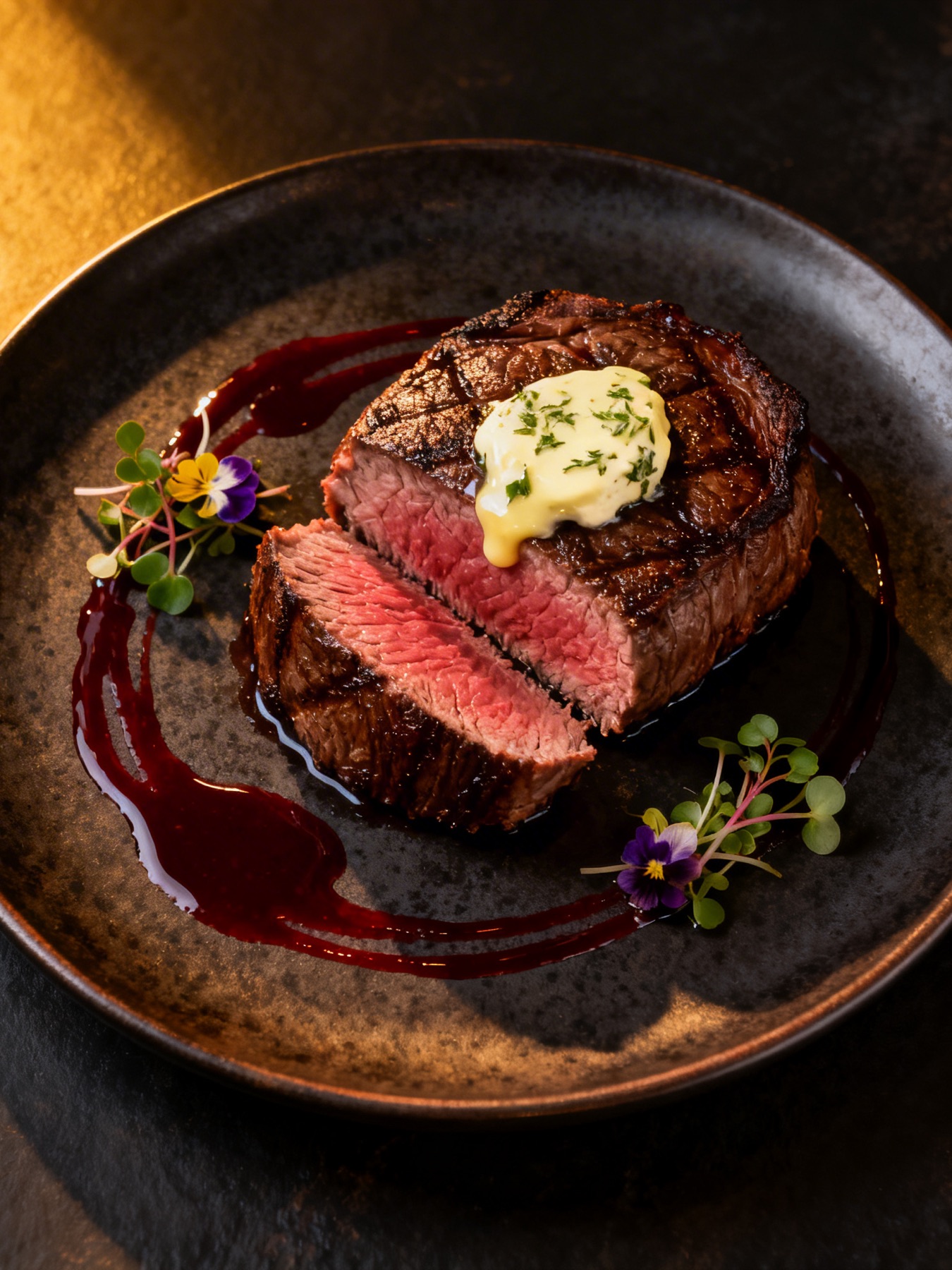 Wagyu Ribeye G4, cooked with herb butter on dark plate